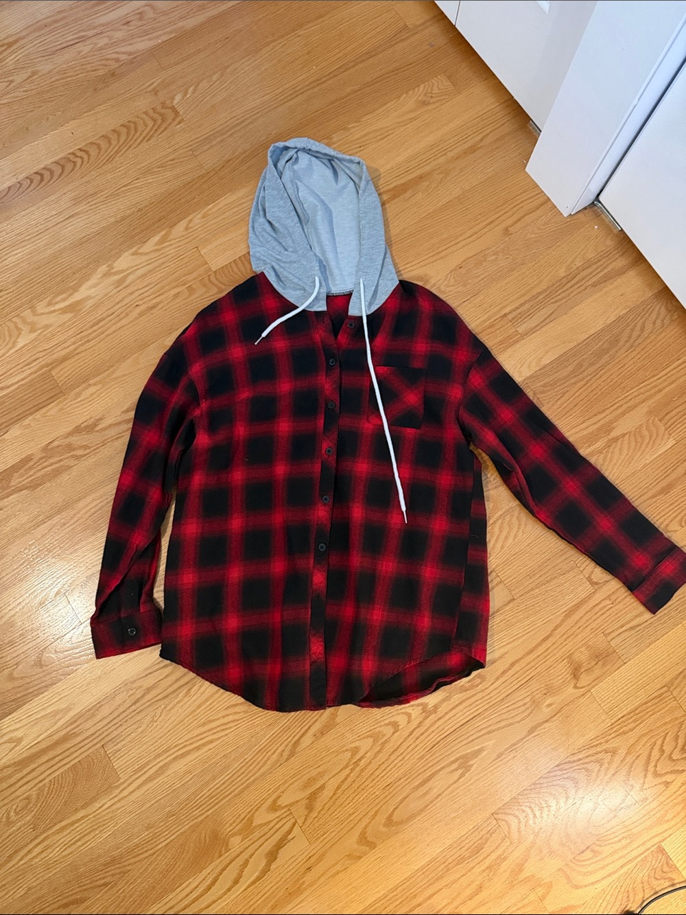 Kids Red & Black Plaid Hooded Flannel Shirt
